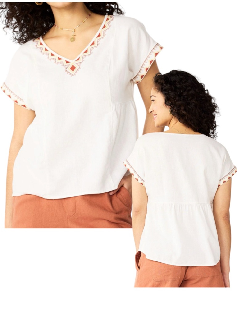 Aztec V-neck Dolman Sleeve Embroidered Top XXL Linen Blend by Sonoma
